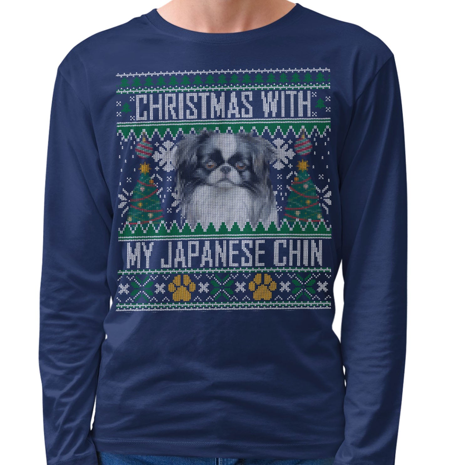 Ugly Sweater Christmas with My Japanese Chin - Adult Unisex Long Sleeve T-Shirt