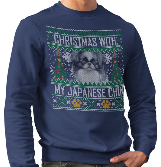Ugly Sweater Christmas with My Japanese Chin - Adult Unisex Crewneck Sweatshirt