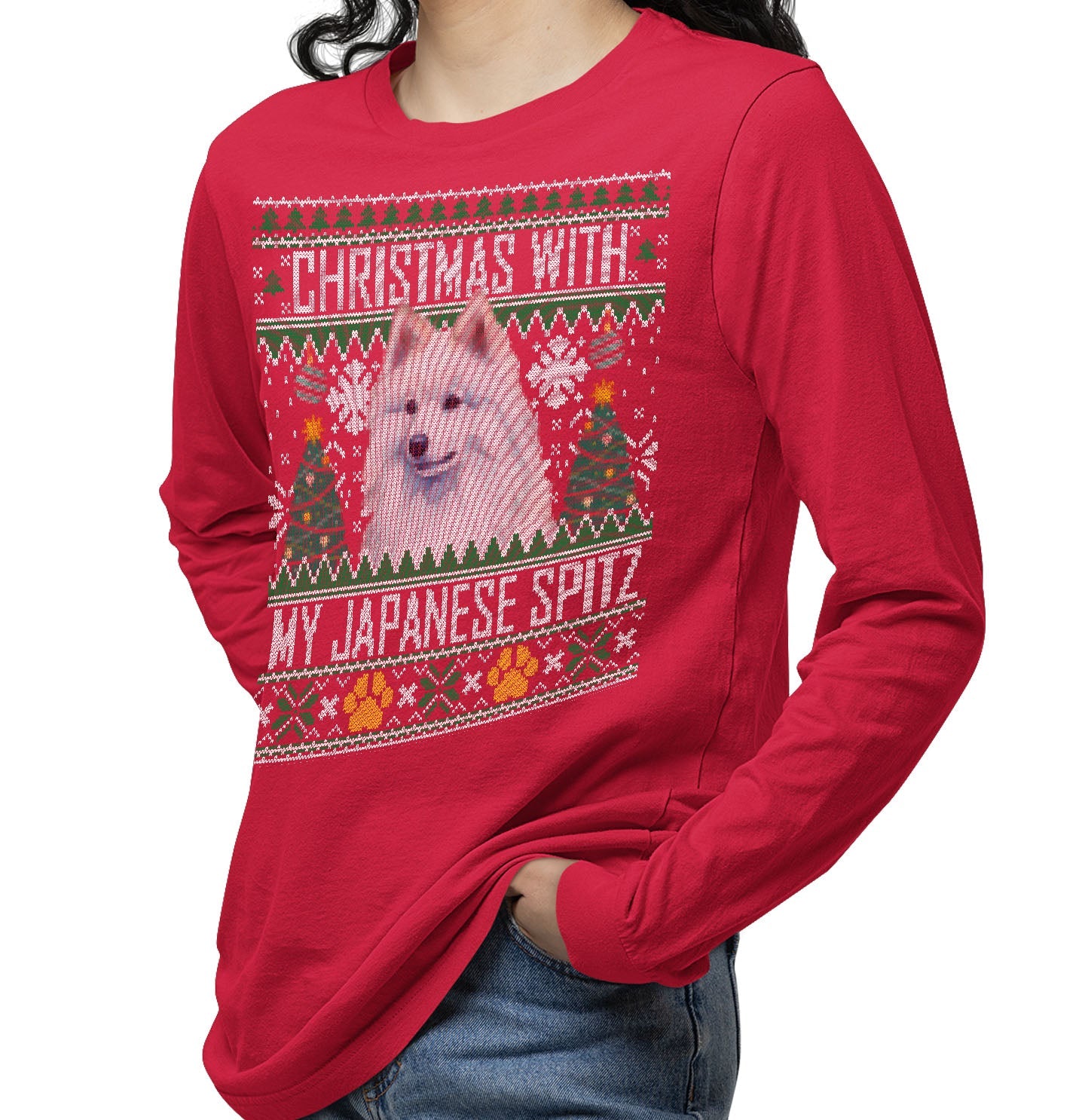 Ugly Sweater Christmas with My Japanese Spitz - Adult Unisex Long Sleeve T-Shirt