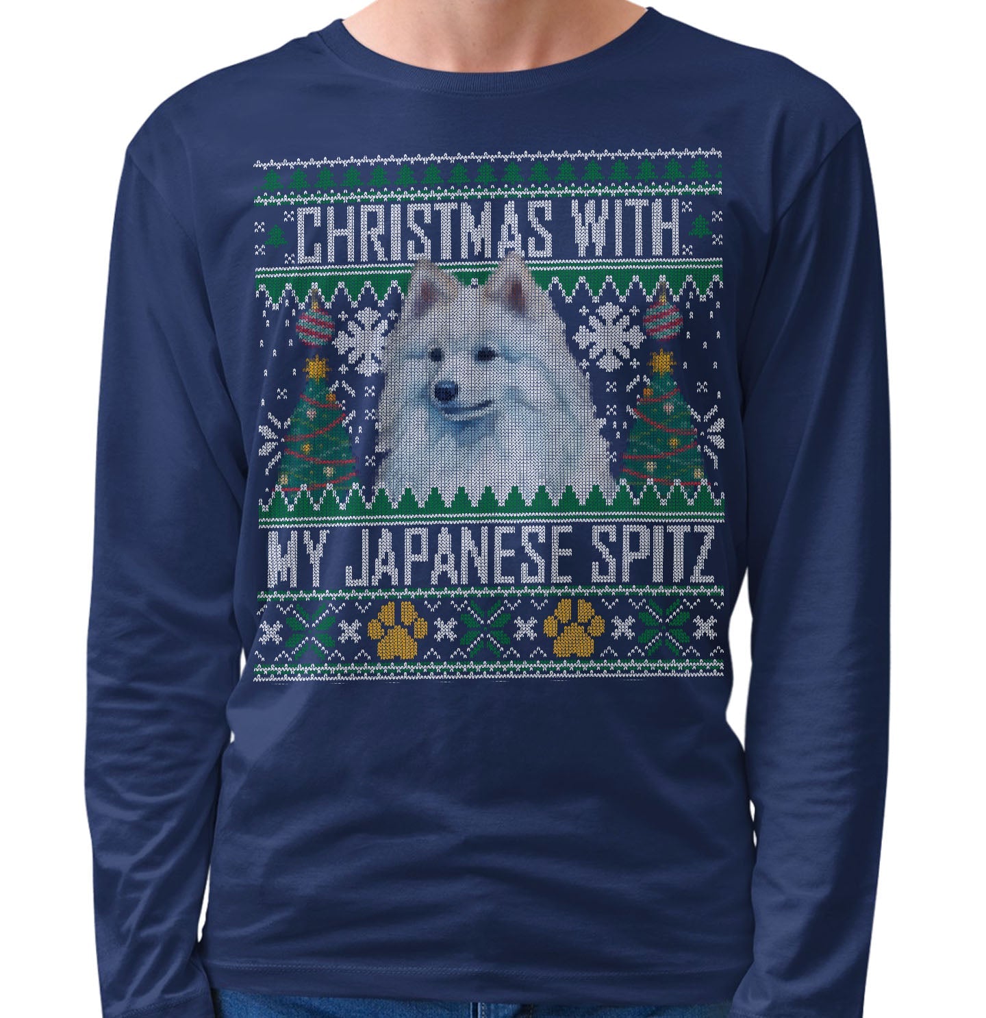 Ugly Sweater Christmas with My Japanese Spitz - Adult Unisex Long Sleeve T-Shirt