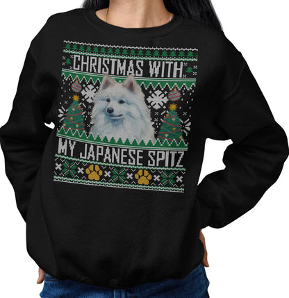Ugly Sweater Christmas with My Japanese Spitz - Adult Unisex Crewneck Sweatshirt