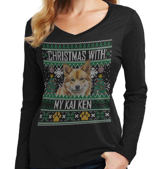 Ugly Sweater Christmas with My Kai Ken - Women's V-Neck Long Sleeve T-Shirt