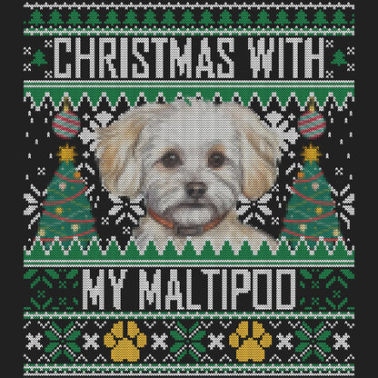 Ugly Sweater Christmas with My Maltipoo - Women's V-Neck Long Sleeve T-Shirt
