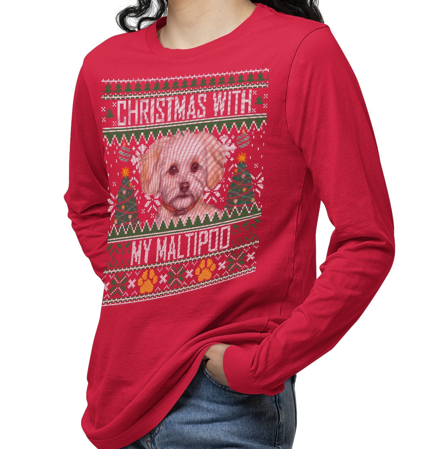 Ugly Sweater Christmas with My Maltipoo - Adult Unisex Long Sleeve T-Shirt