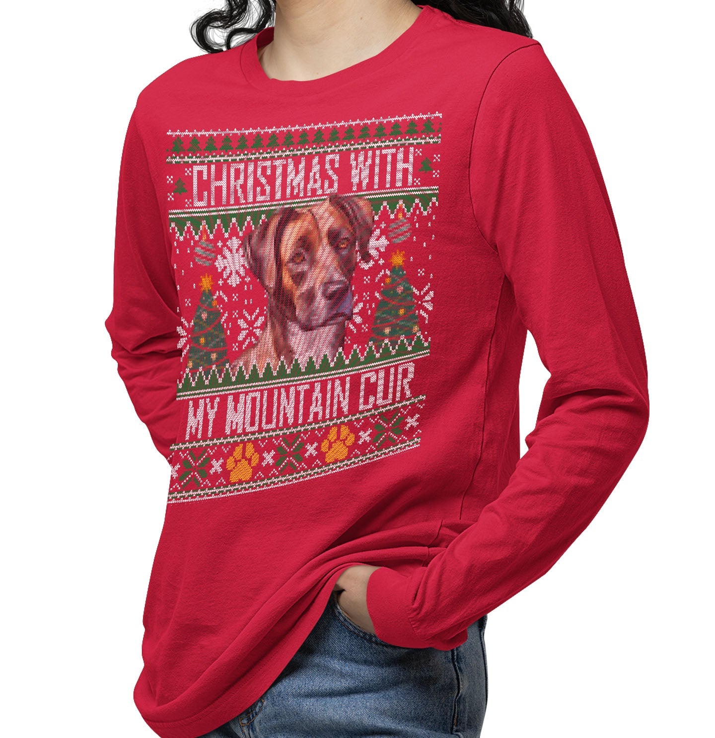 Ugly Sweater Christmas with My Mountain Cur - Adult Unisex Long Sleeve T-Shirt