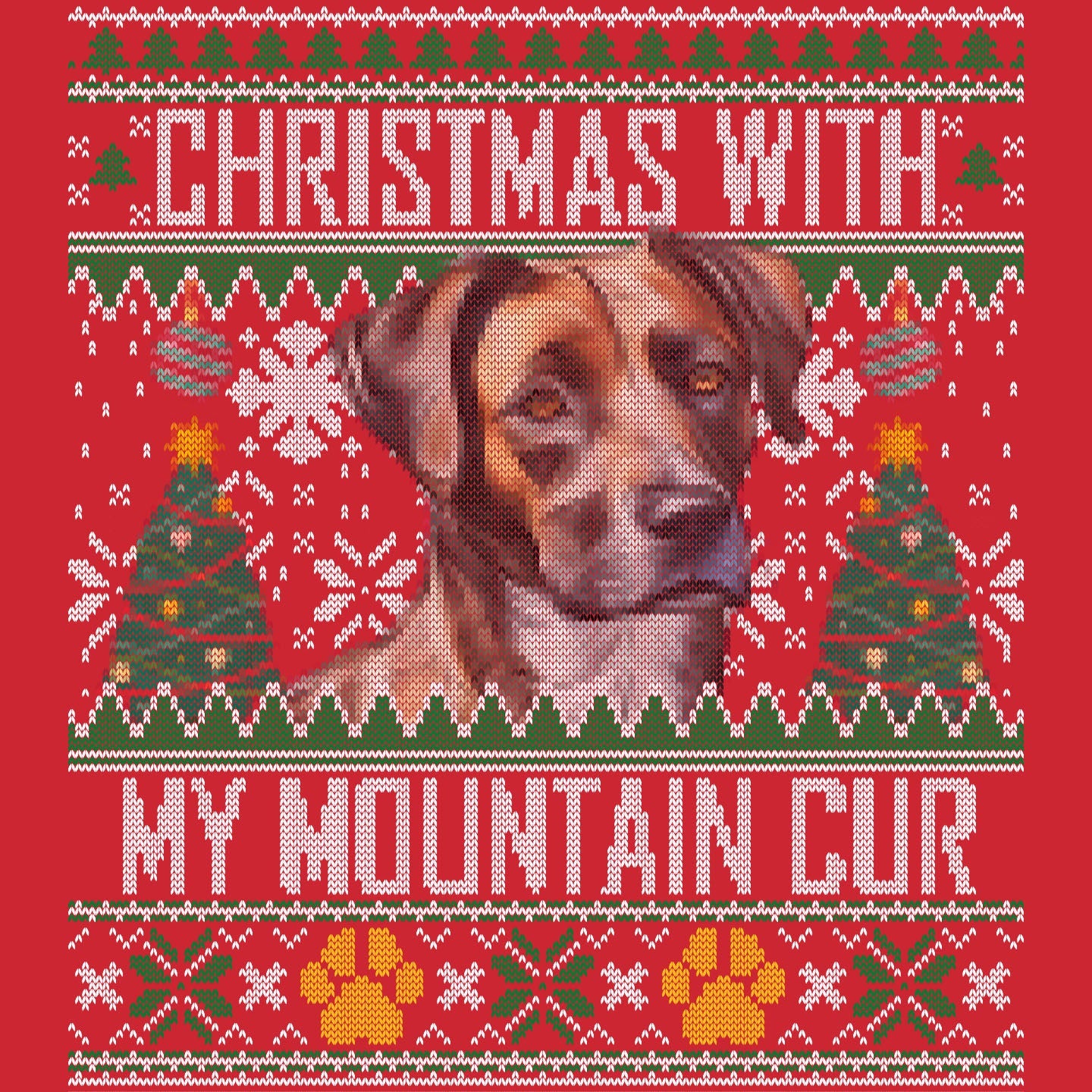 Ugly Sweater Christmas with My Mountain Cur - Adult Unisex Long Sleeve T-Shirt