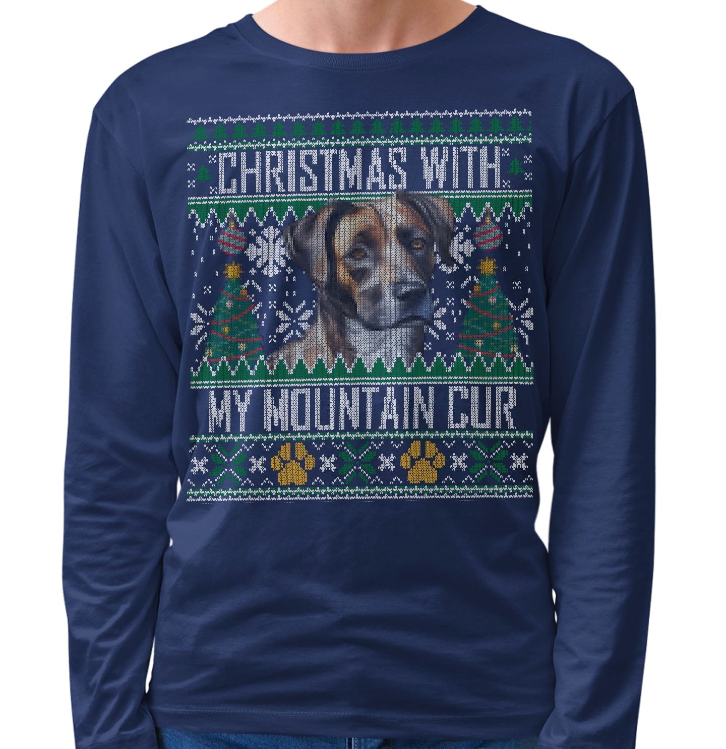 Ugly Sweater Christmas with My Mountain Cur - Adult Unisex Long Sleeve T-Shirt