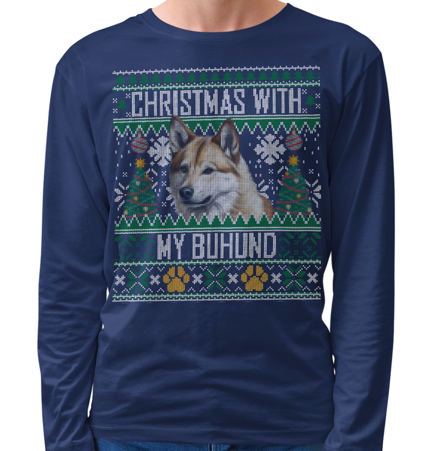 Ugly Sweater Christmas with My Norwegian Buhund - Adult Unisex Long Sleeve T-Shirt