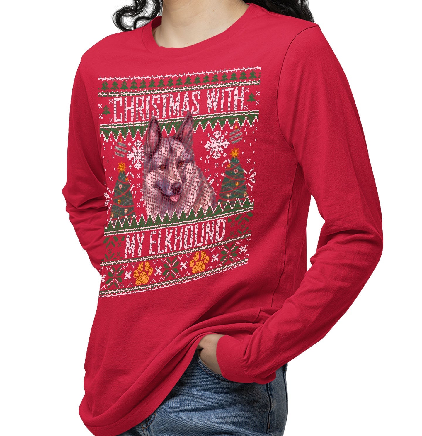 Ugly Sweater Christmas with My Norwegian Elkhound - Adult Unisex Long Sleeve T-Shirt