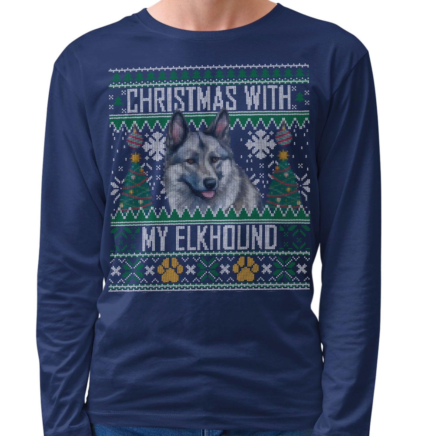 Ugly Sweater Christmas with My Norwegian Elkhound - Adult Unisex Long Sleeve T-Shirt