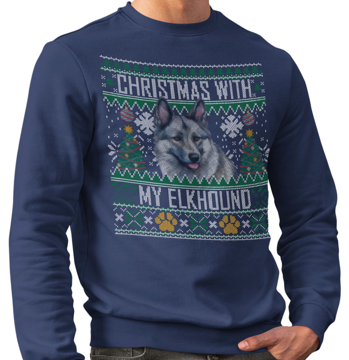 Ugly Sweater Christmas with My Norwegian Elkhound - Adult Unisex Crewneck Sweatshirt