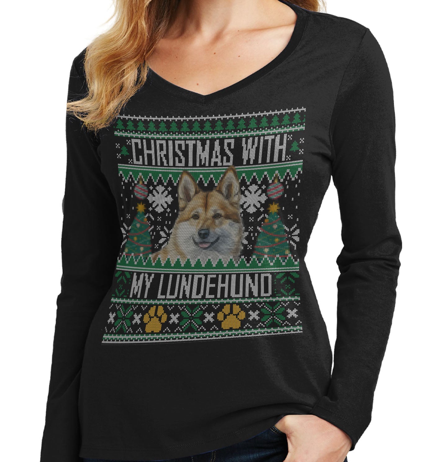 Ugly Sweater Christmas with My Norwegian Lundehund - Women's V-Neck Long Sleeve T-Shirt