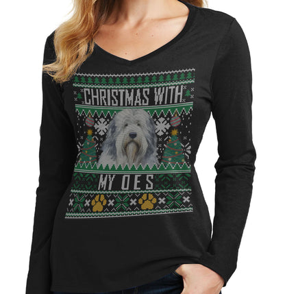 Ugly Sweater Christmas with My Old English Sheepdog - Women's V-Neck Long Sleeve T-Shirt