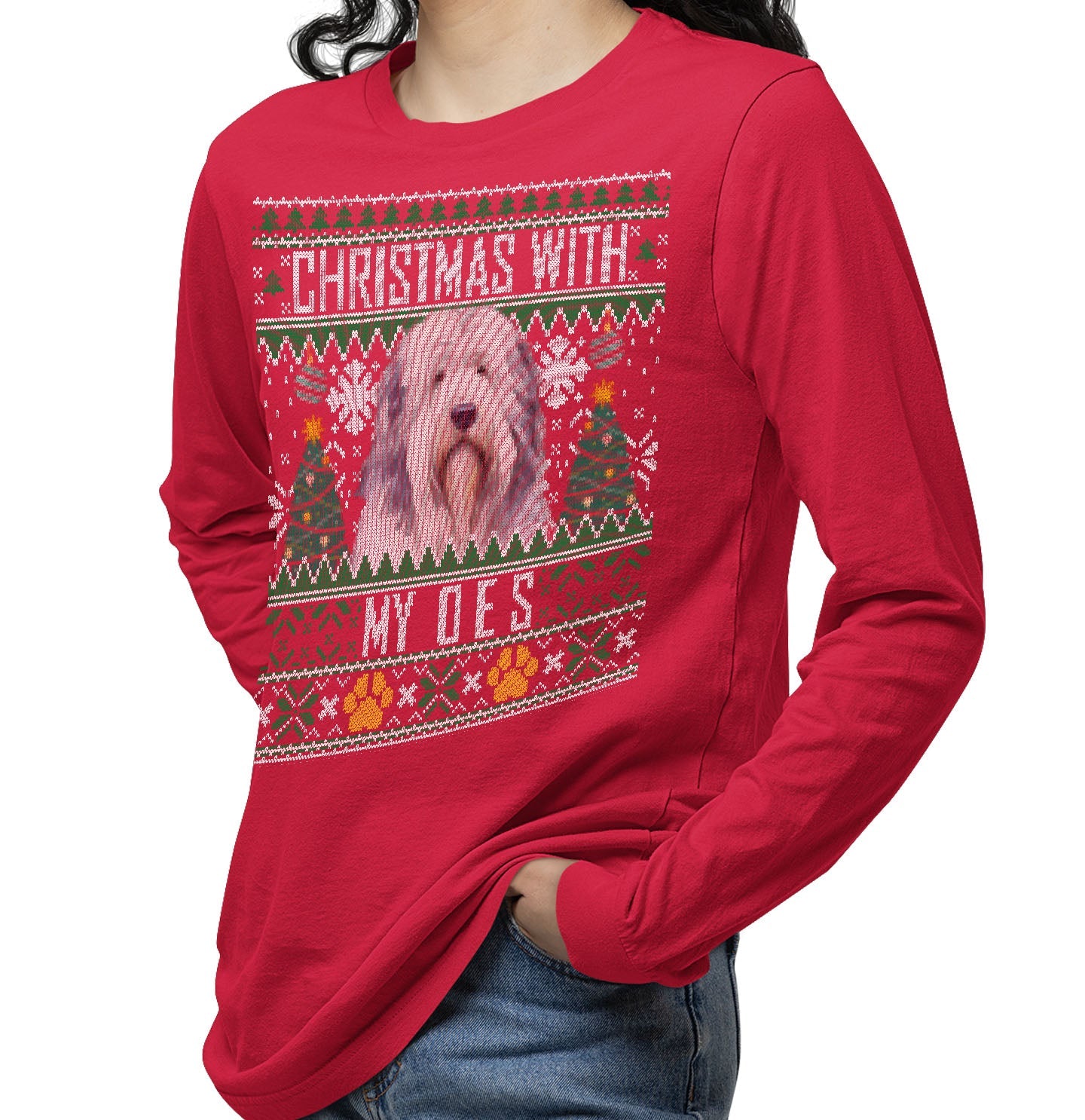 Ugly Sweater Christmas with My Old English Sheepdog - Adult Unisex Long Sleeve T-Shirt