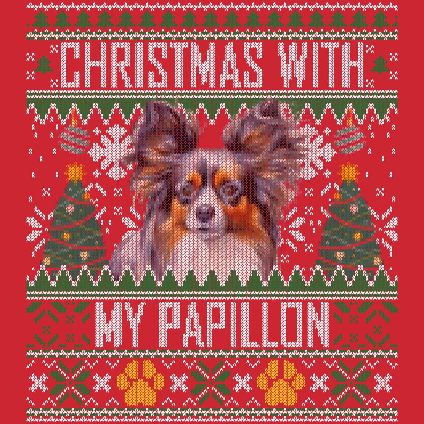 Ugly Sweater Christmas with My Papillon - Adult Unisex Long Sleeve T-Shirt