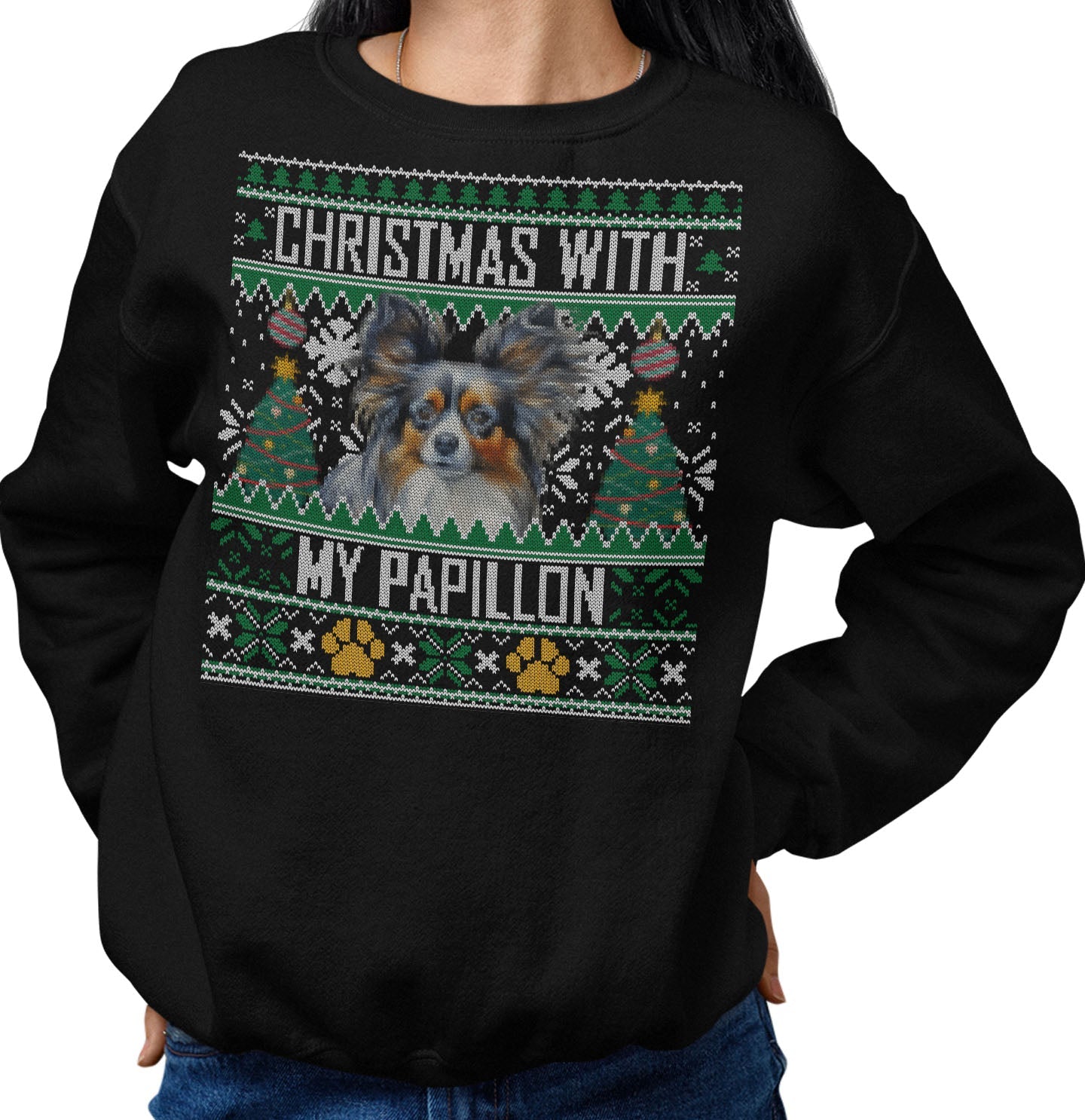 Ugly Sweater Christmas with My Papillon - Adult Unisex Crewneck Sweatshirt