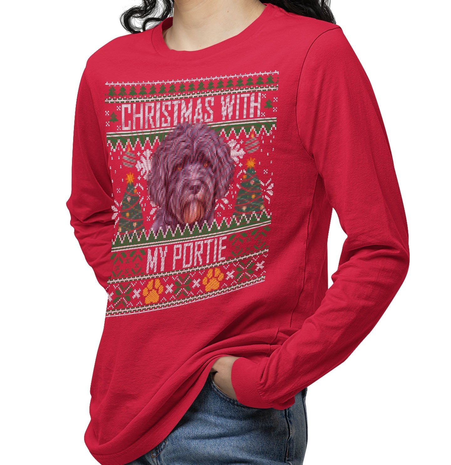 Ugly Sweater Christmas with My Portuguese Water Dog - Adult Unisex Long Sleeve T-Shirt