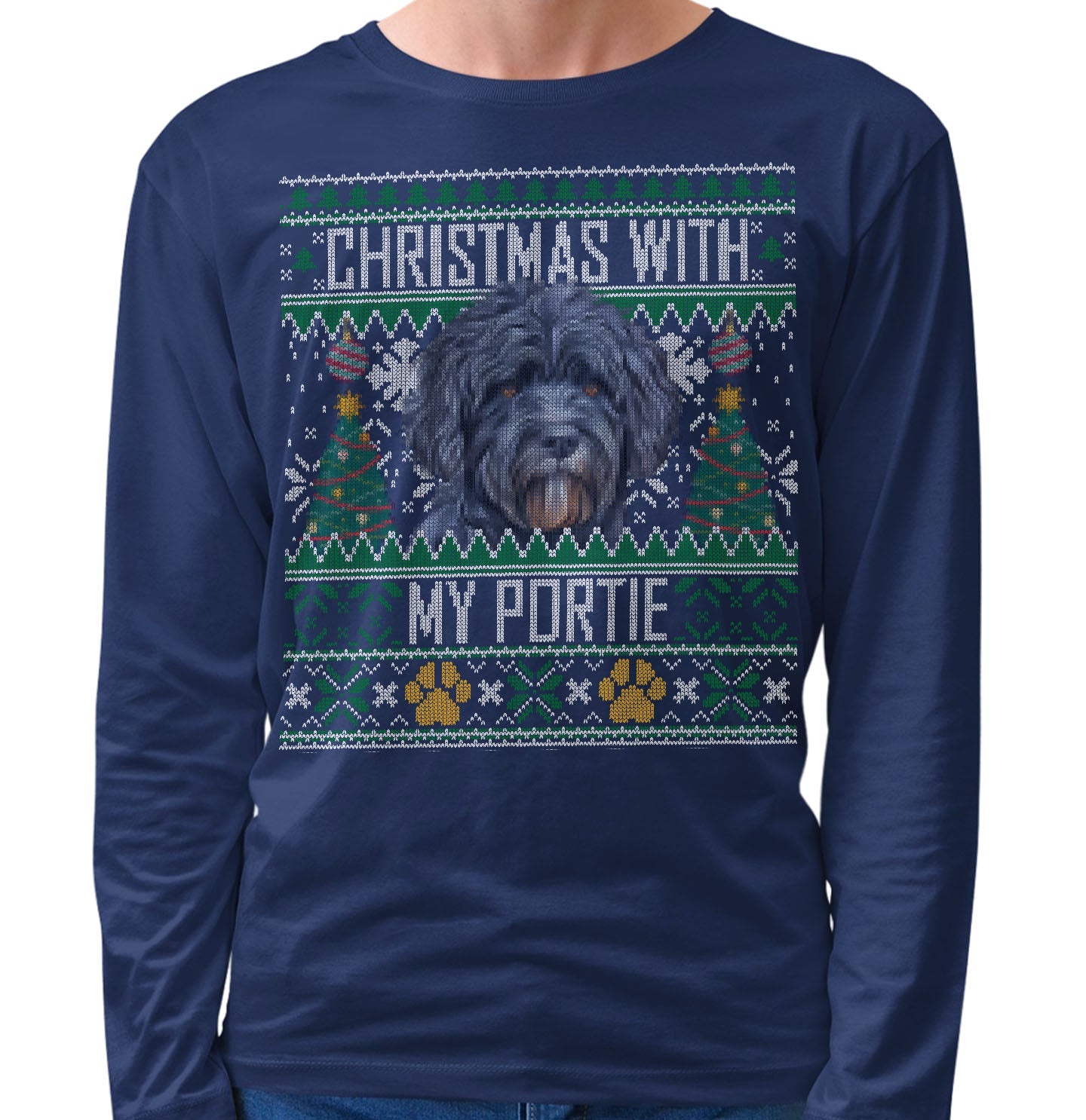 Ugly Sweater Christmas with My Portuguese Water Dog - Adult Unisex Long Sleeve T-Shirt