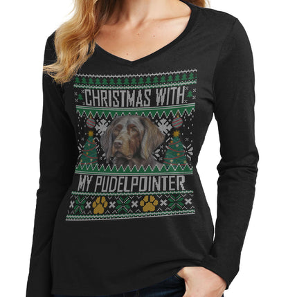 Ugly Sweater Christmas with My Pudelpointer - Women's V-Neck Long Sleeve T-Shirt