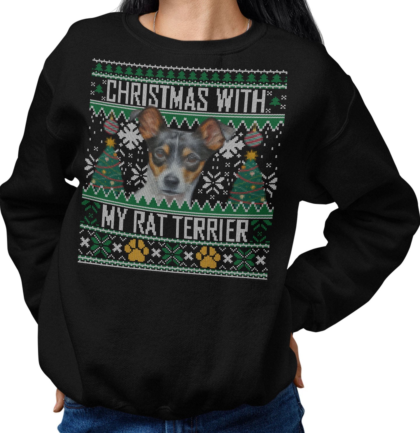 Ugly Sweater Christmas with My Rat Terrier - Adult Unisex Crewneck Sweatshirt