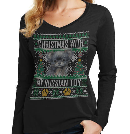 Ugly Sweater Christmas with My Russian Toy - Women's V-Neck Long Sleeve T-Shirt