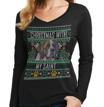 Ugly Sweater Christmas with My Saint Bernard - Women's V-Neck Long Sleeve T-Shirt