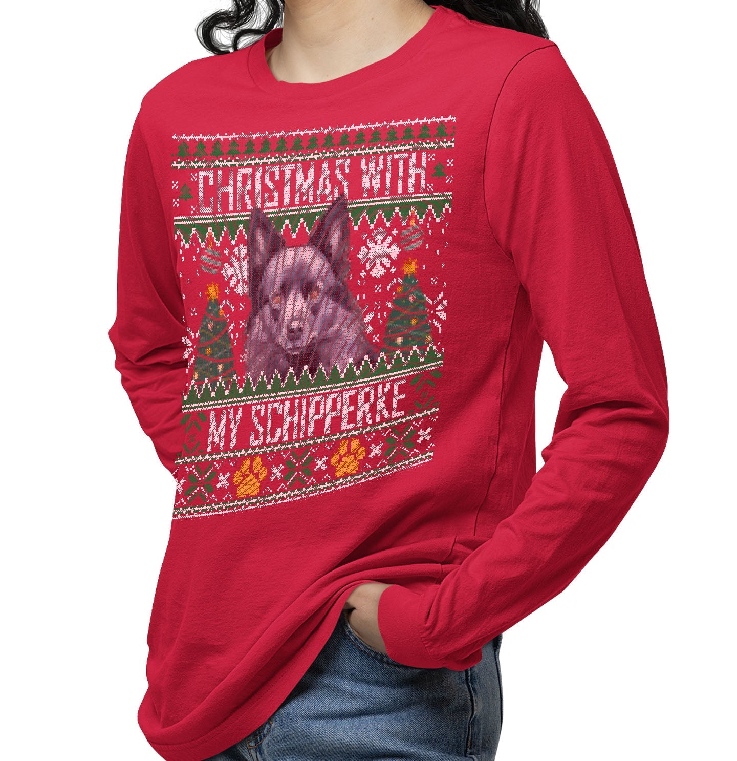 Ugly Sweater Christmas with My Schipperke - Adult Unisex Long Sleeve T-Shirt