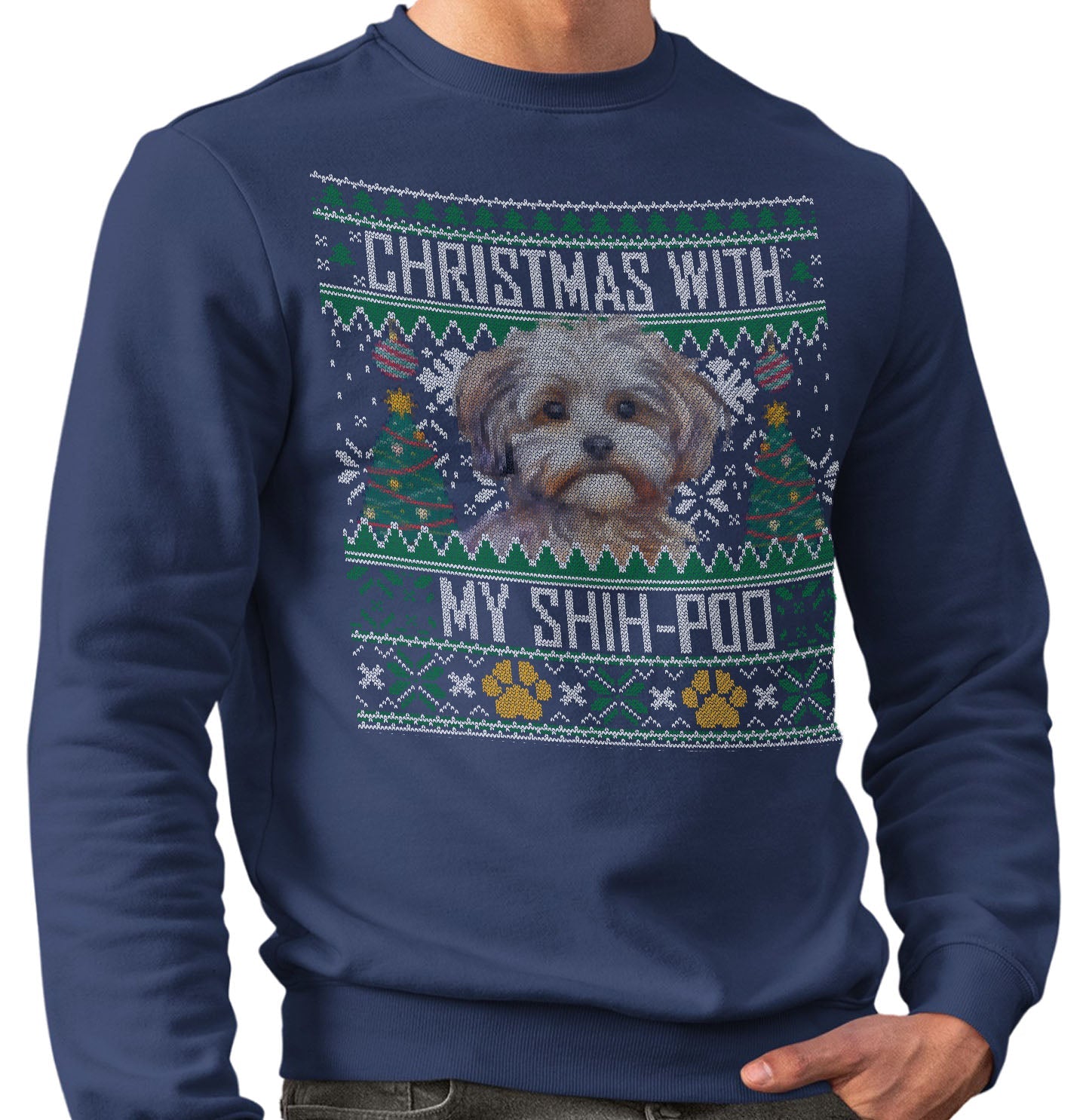 Ugly Sweater Christmas with My Shih Poo - Adult Unisex Crewneck Sweatshirt