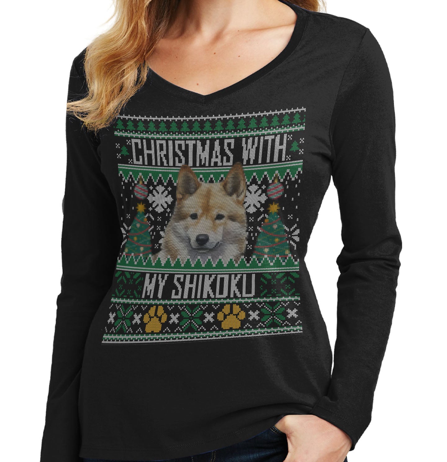 Ugly Sweater Christmas with My Shikoku - Women's V-Neck Long Sleeve T-Shirt