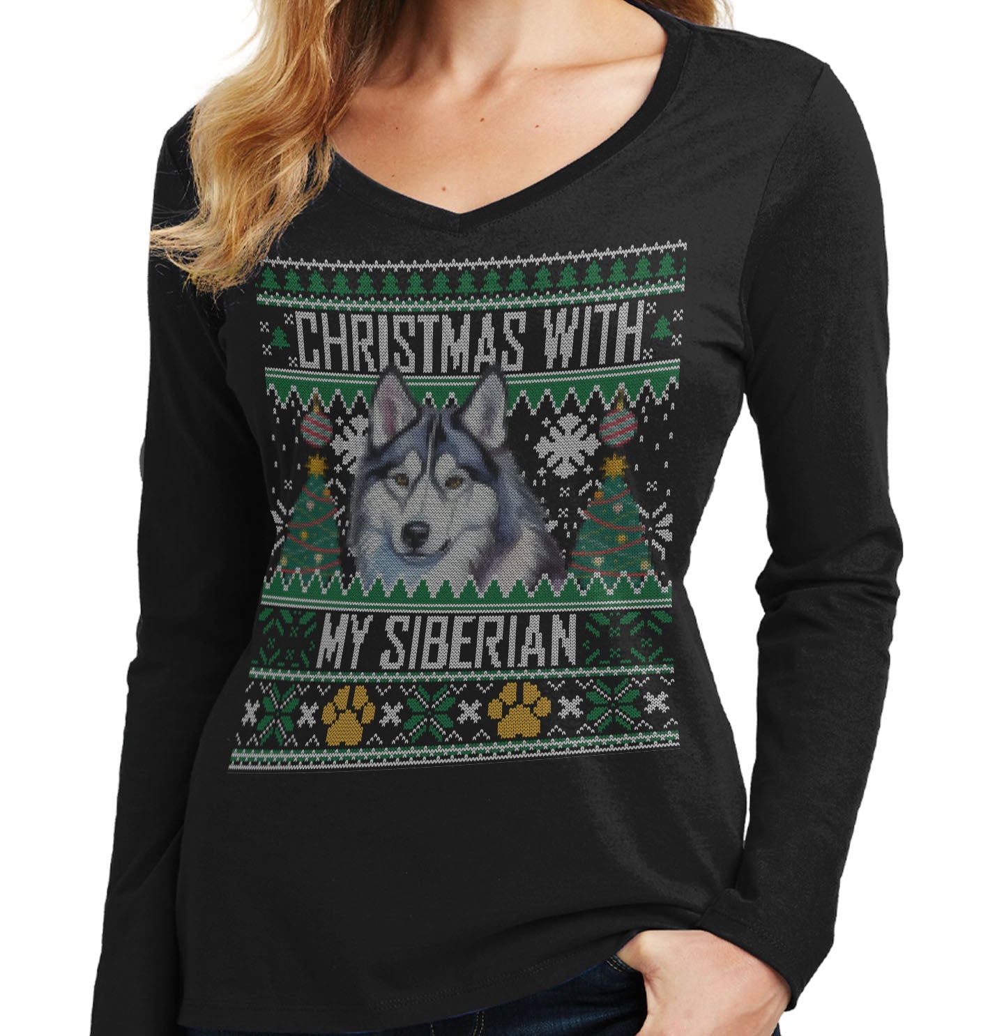 Ugly Sweater Christmas with My Siberian Husky - Women's V-Neck Long Sleeve T-Shirt