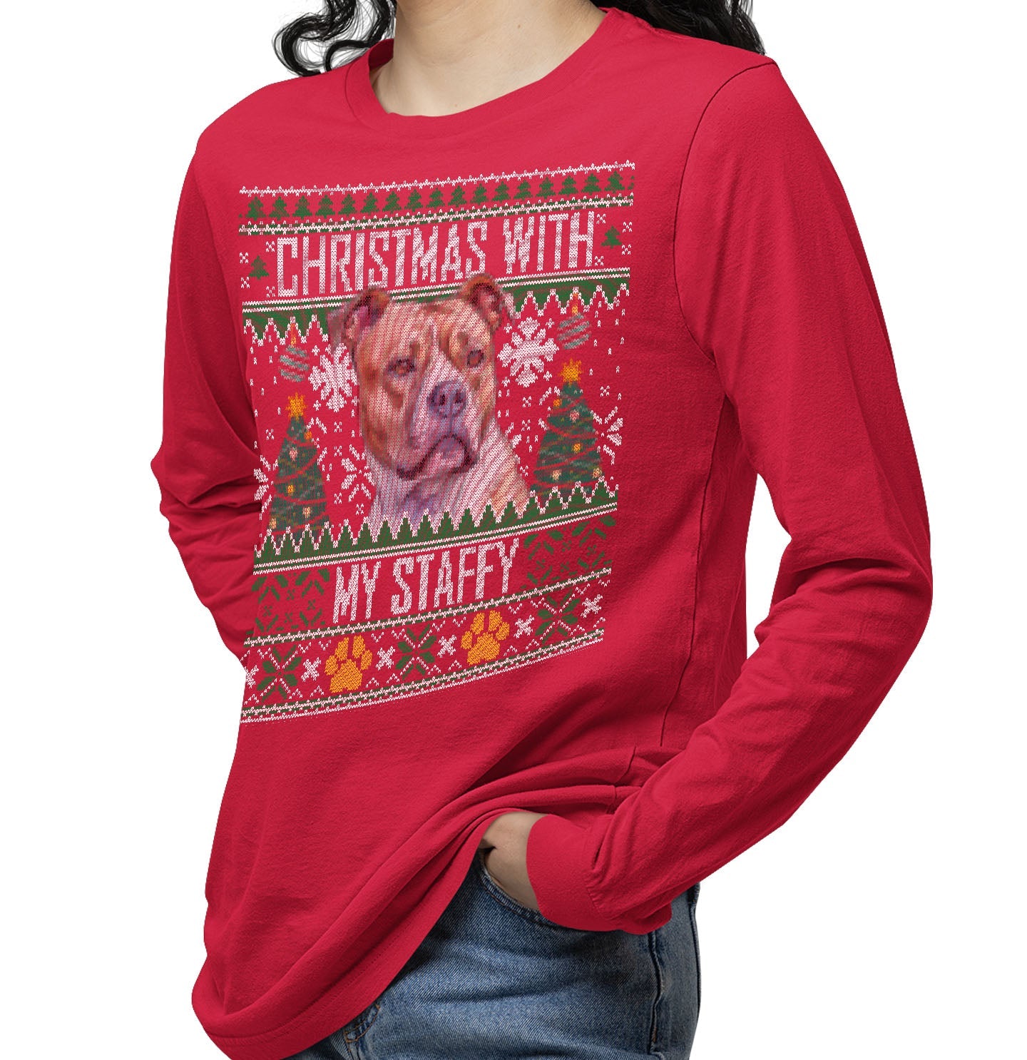 Ugly Sweater Christmas with My Staffordshire Bull Terrier - Adult Unisex Long Sleeve T-Shirt