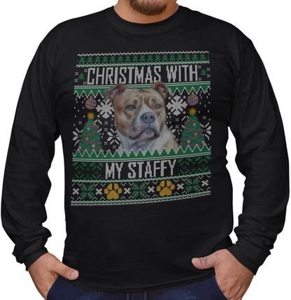 Ugly Sweater Christmas with My Staffordshire Bull Terrier - Adult Unisex Long Sleeve T-Shirt