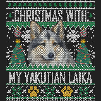 Ugly Sweater Christmas with My Yakutian Laika - Women's V-Neck Long Sleeve T-Shirt