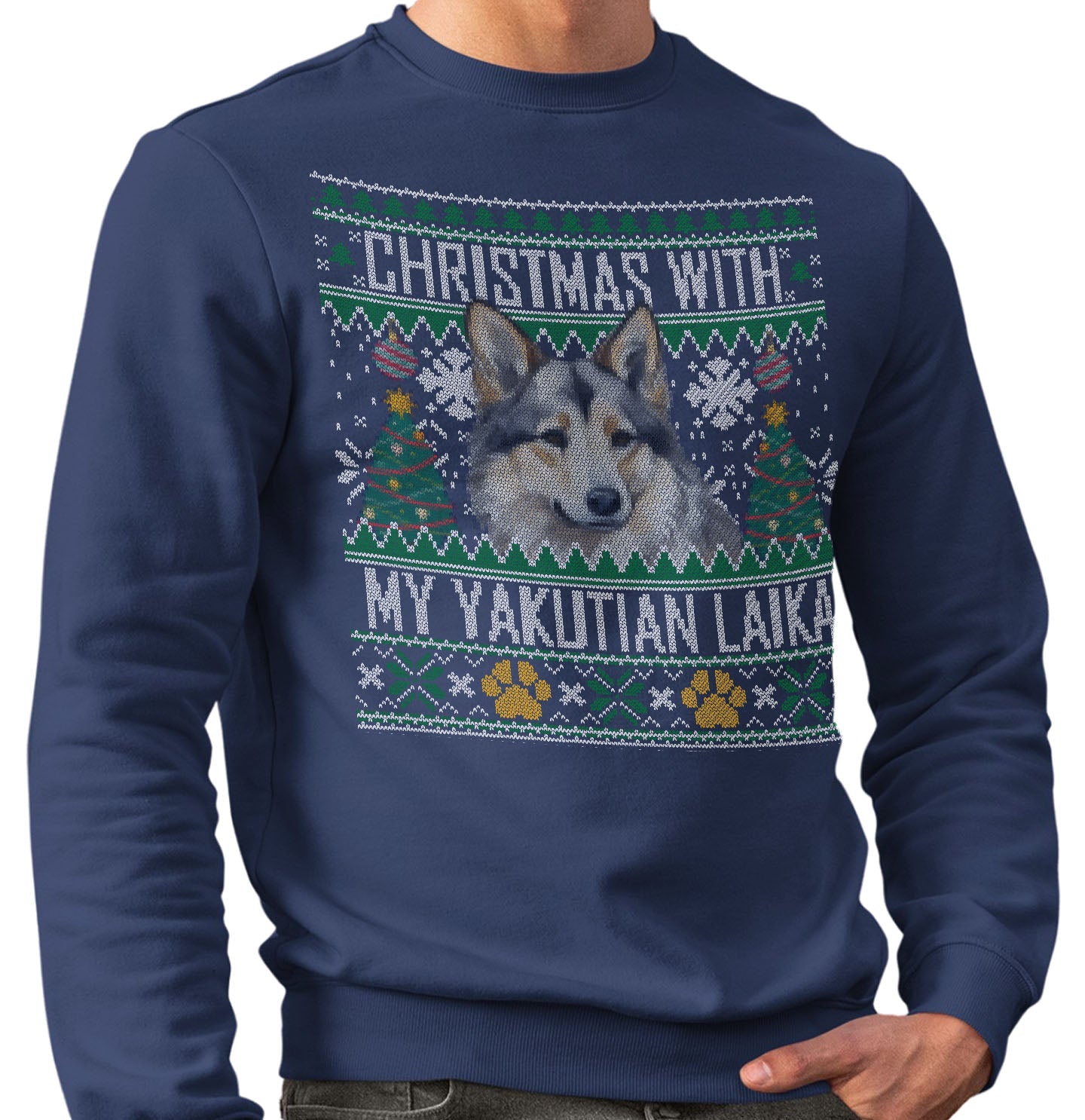 Ugly Sweater Christmas with My Yakutian Laika - Adult Unisex Crewneck Sweatshirt