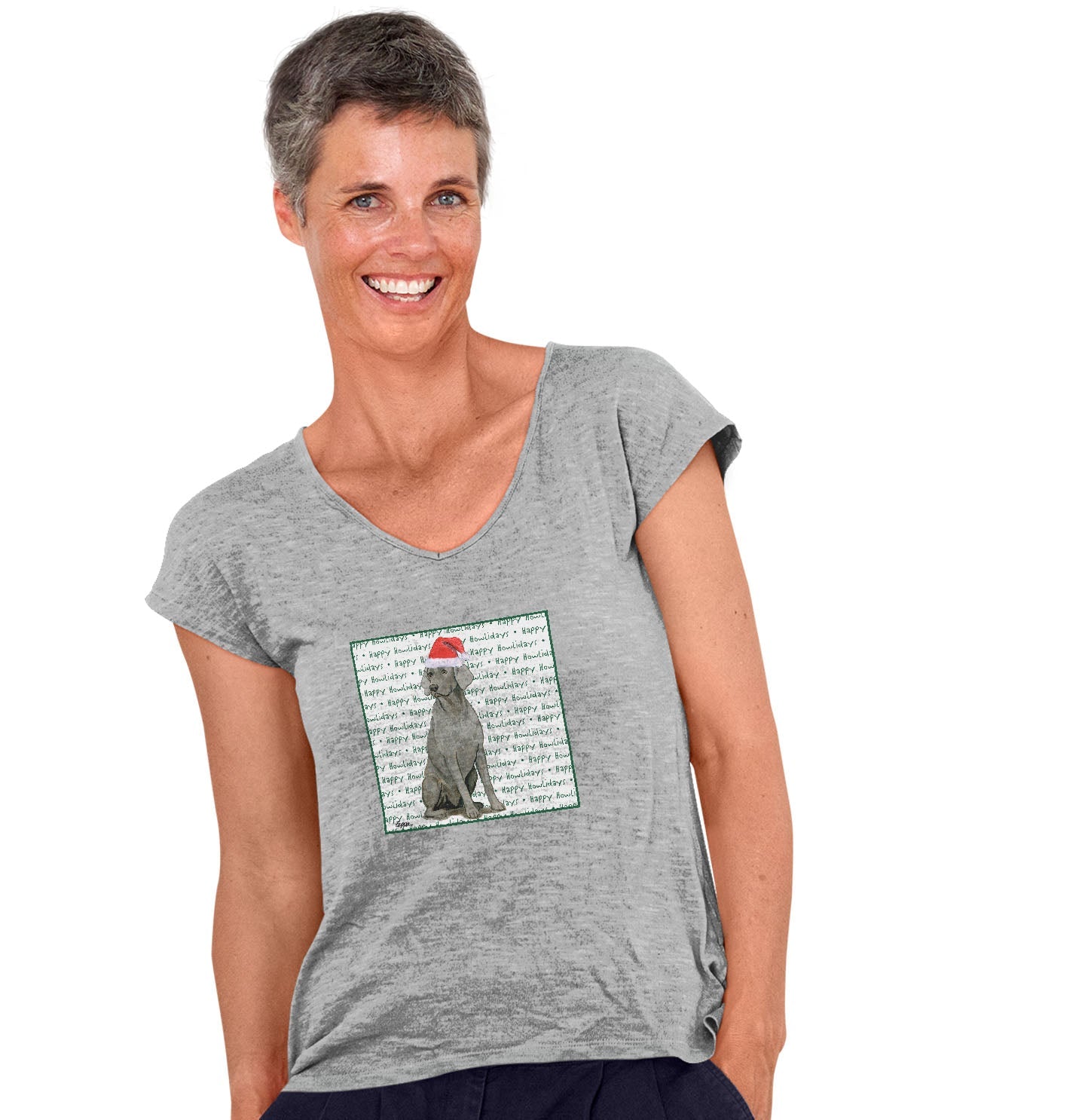 Weimaraner Happy Howlidays Text - Women's V-Neck T-Shirt