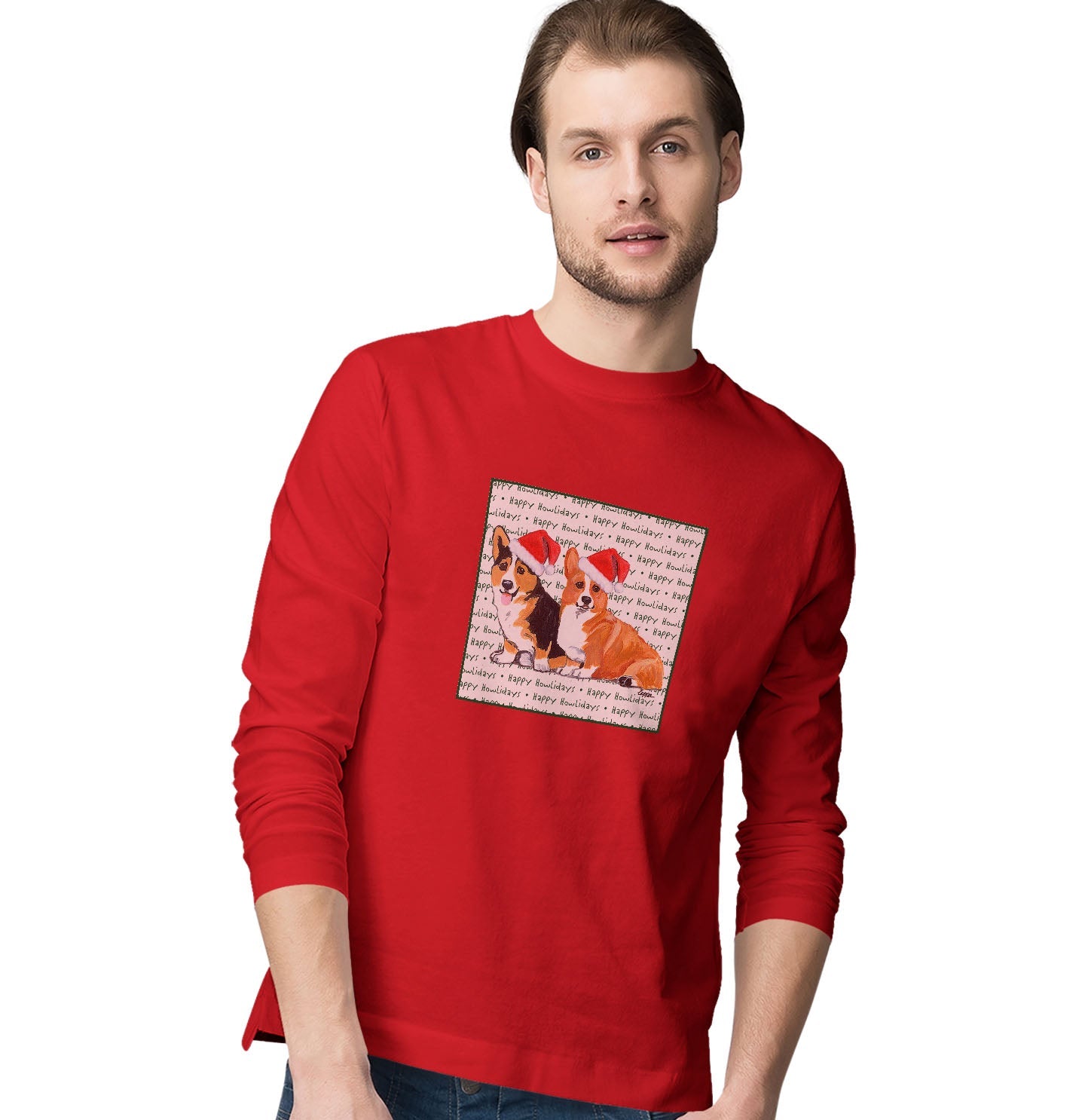 Pembroke Welsh Corgi Pair Happy Howlidays Text - Adult Unisex Long Sleeve T-Shirt