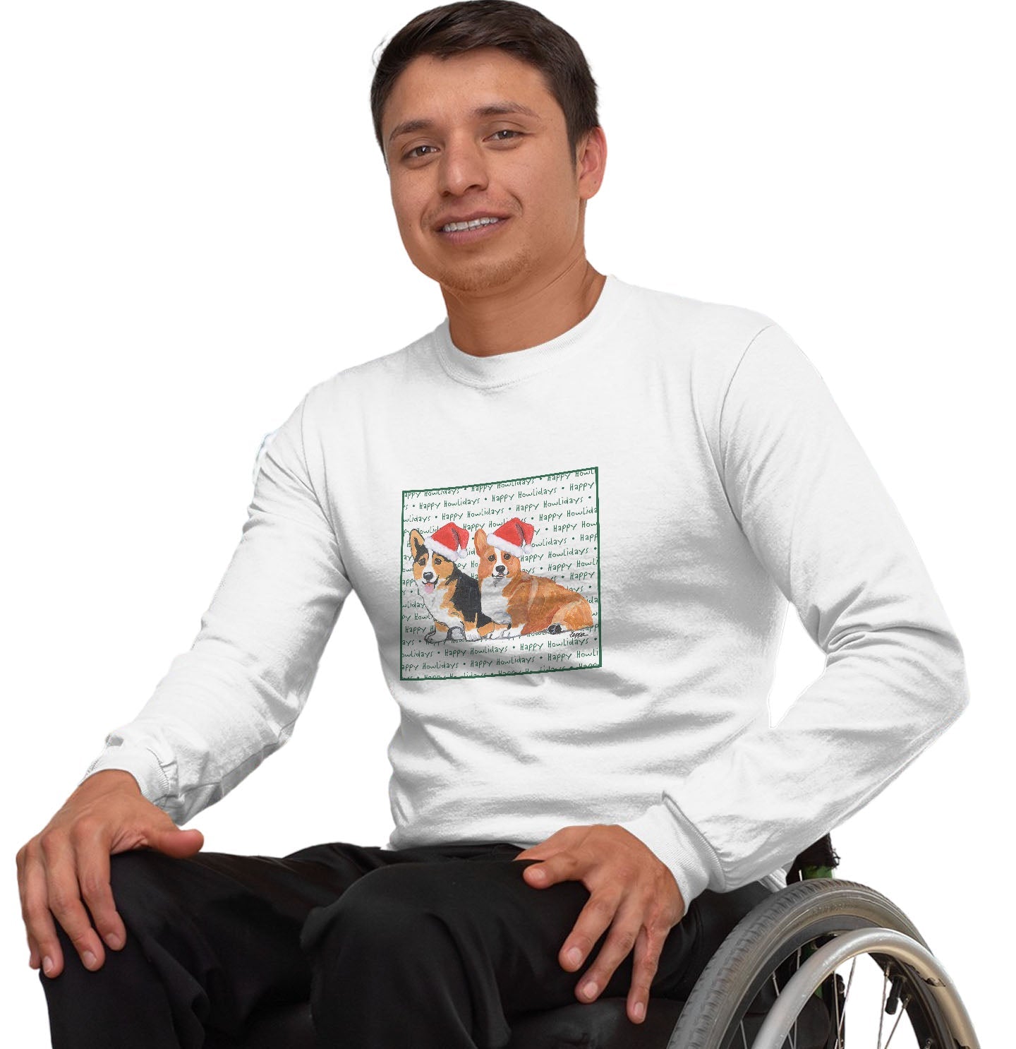 Pembroke Welsh Corgi Pair Happy Howlidays Text - Adult Unisex Long Sleeve T-Shirt