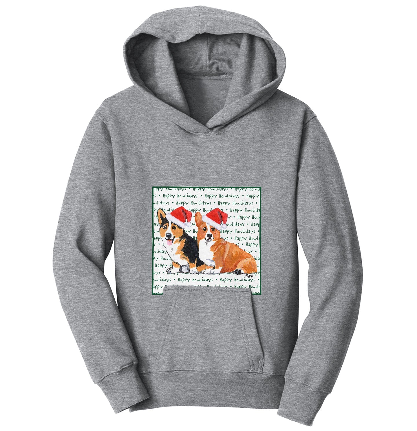 Pembroke Welsh Corgi Pair Happy Howlidays Text - Kids' Unisex Hoodie Sweatshirt