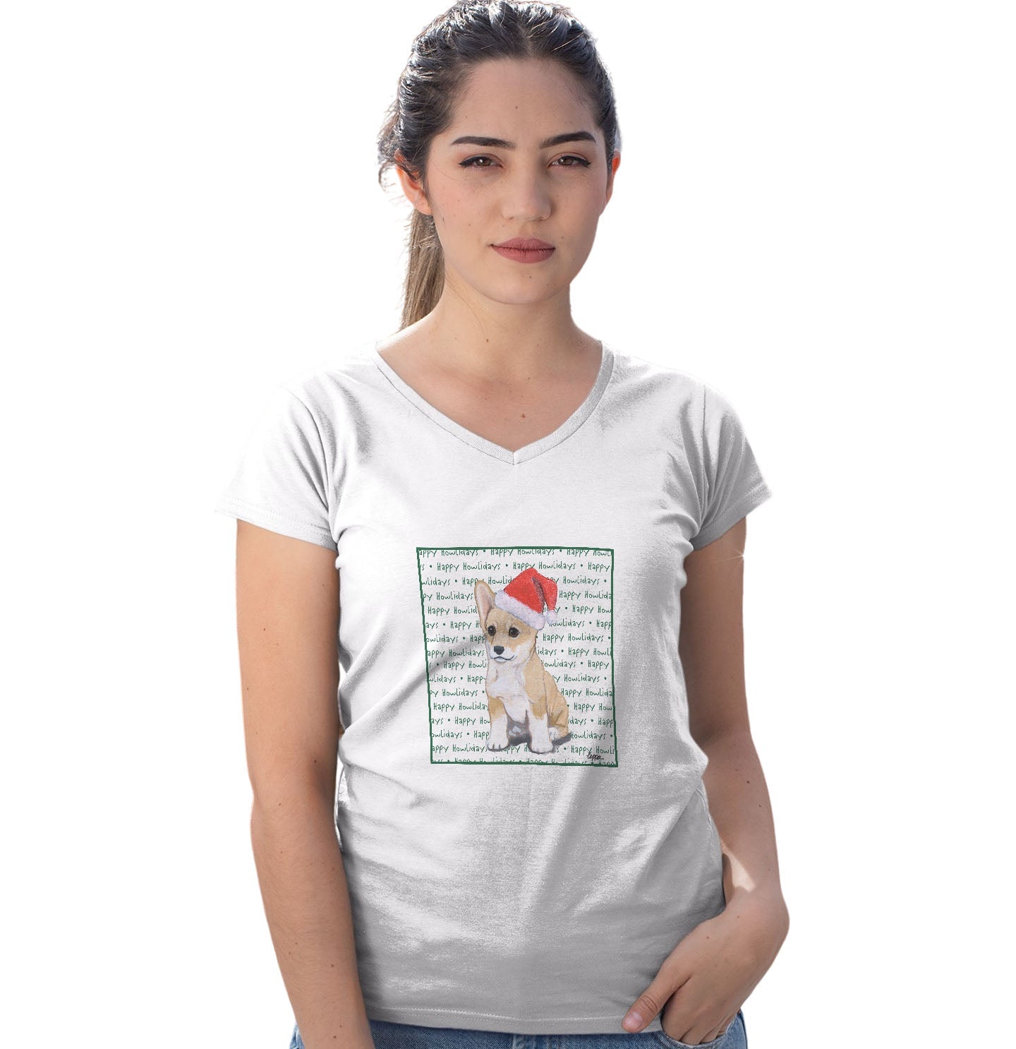 Pembroke Welsh Corgi Puppy Happy Howlidays Text - Women's V-Neck T-Shirt