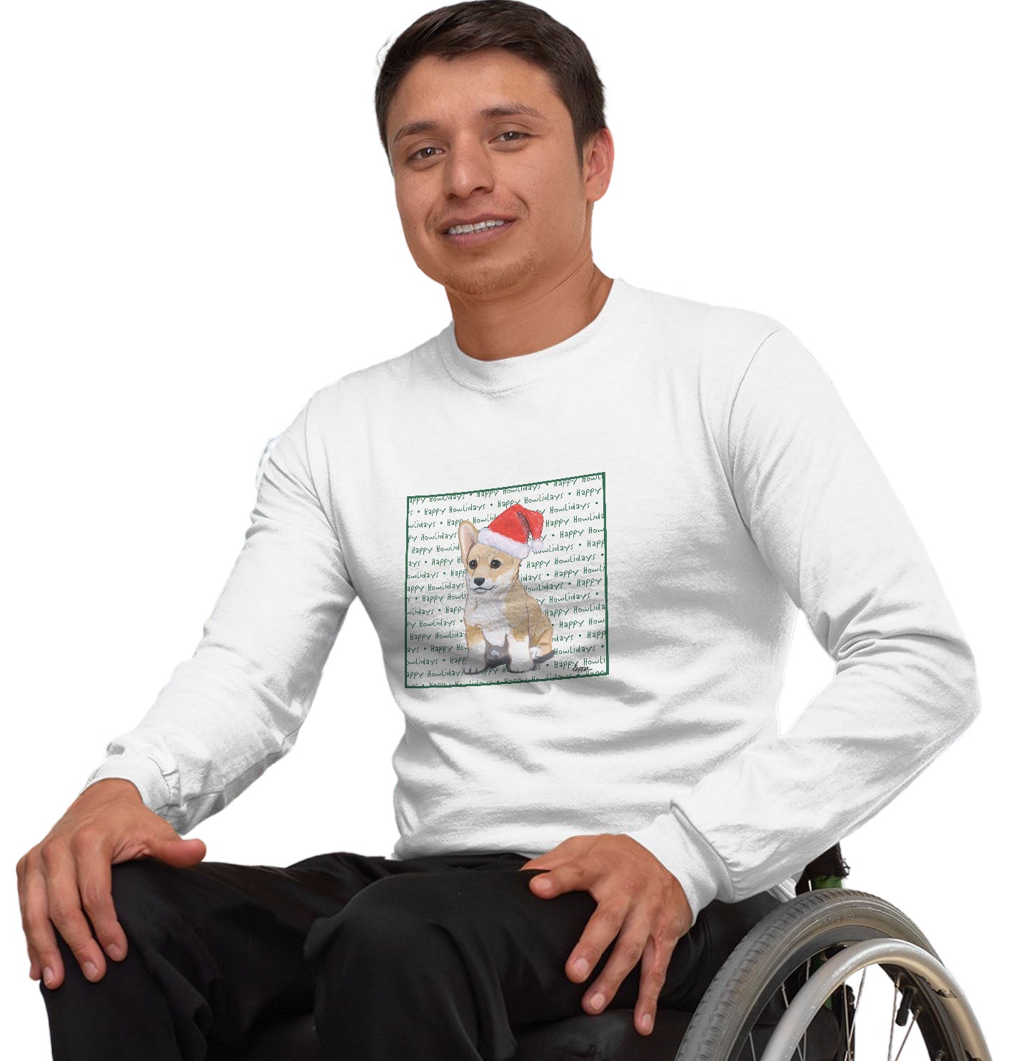 Pembroke Welsh Corgi Puppy Happy Howlidays Text - Adult Unisex Long Sleeve T-Shirt