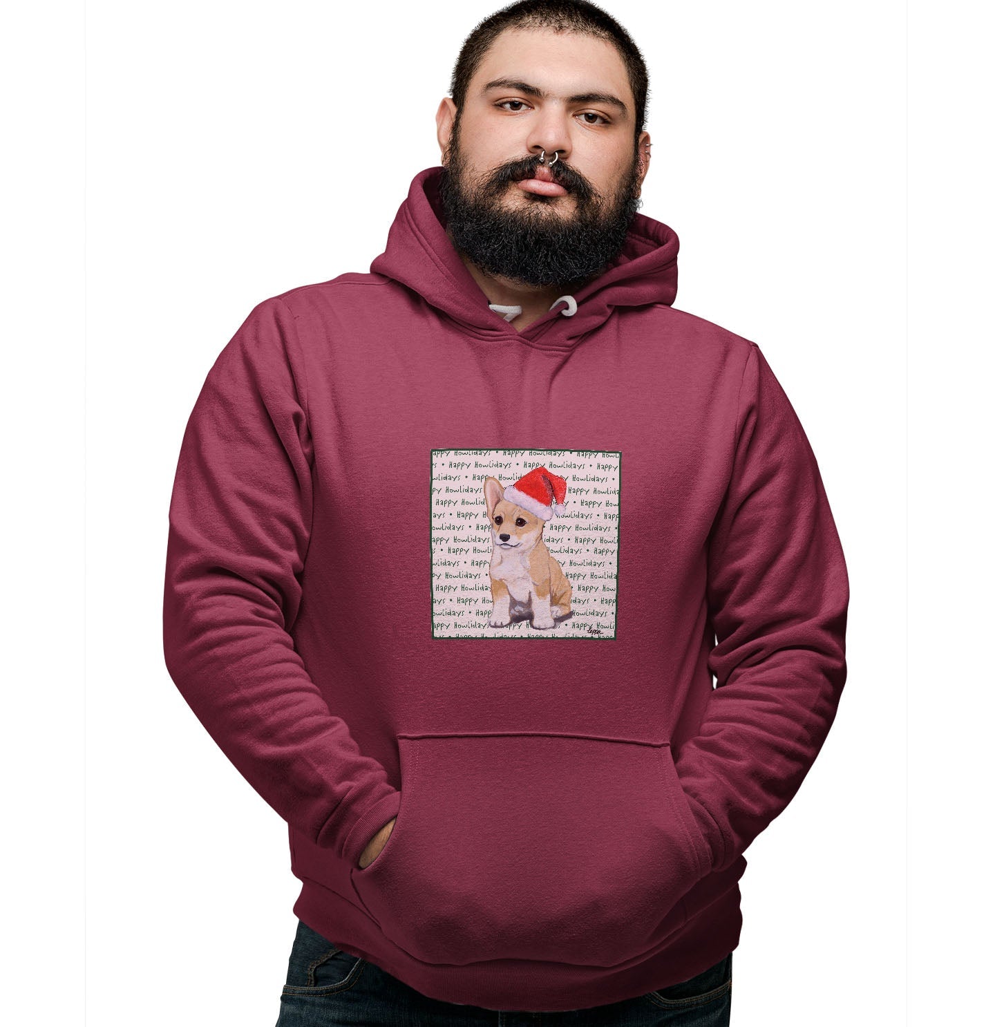 Pembroke Welsh Corgi Puppy Happy Howlidays Text - Adult Unisex Hoodie Sweatshirt