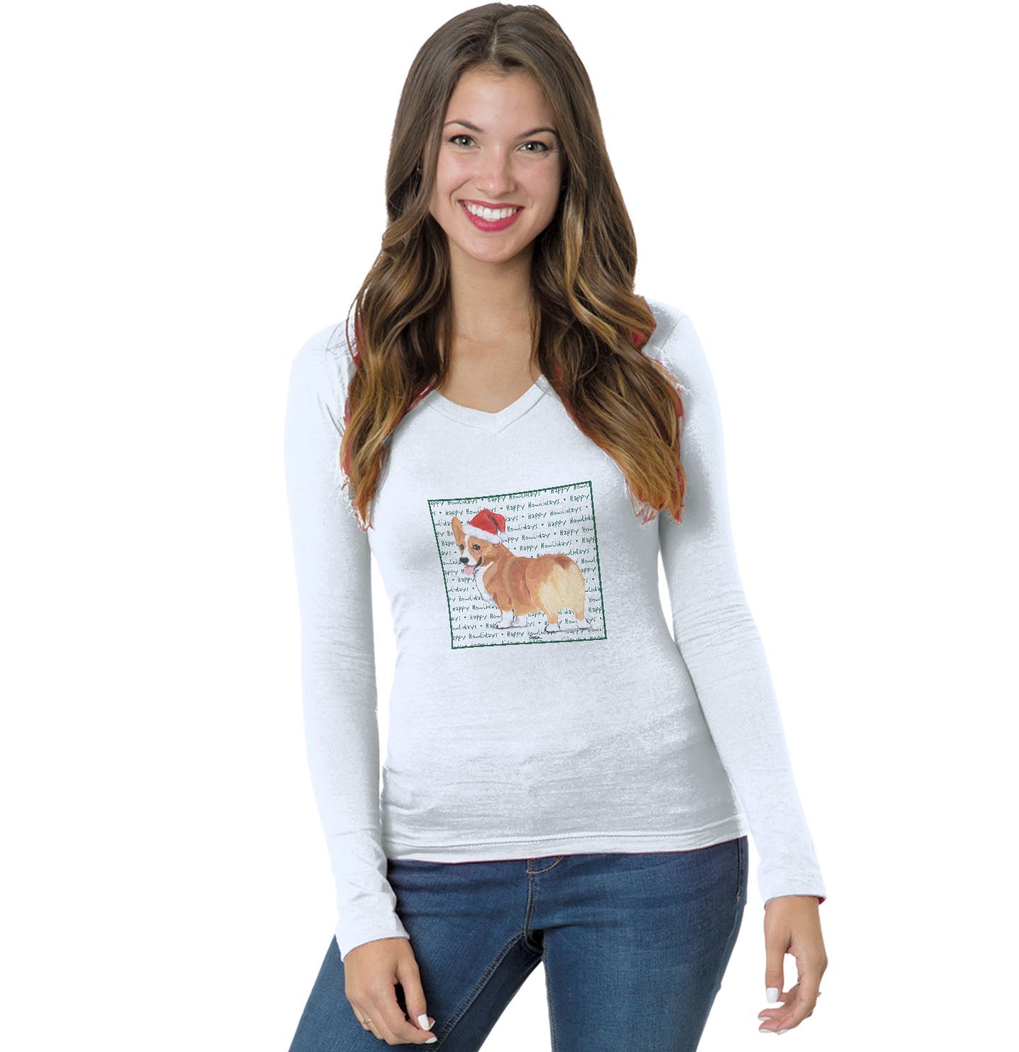 Pembroke Welsh Corgi (Red) Happy Howlidays Text - Women's V-Neck Long Sleeve T-Shirt