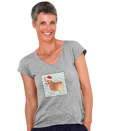 Pembroke Welsh Corgi (Red) Happy Howlidays Text - Women's V-Neck T-Shirt