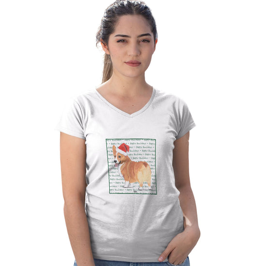 Pembroke Welsh Corgi (Red) Happy Howlidays Text - Women's V-Neck T-Shirt