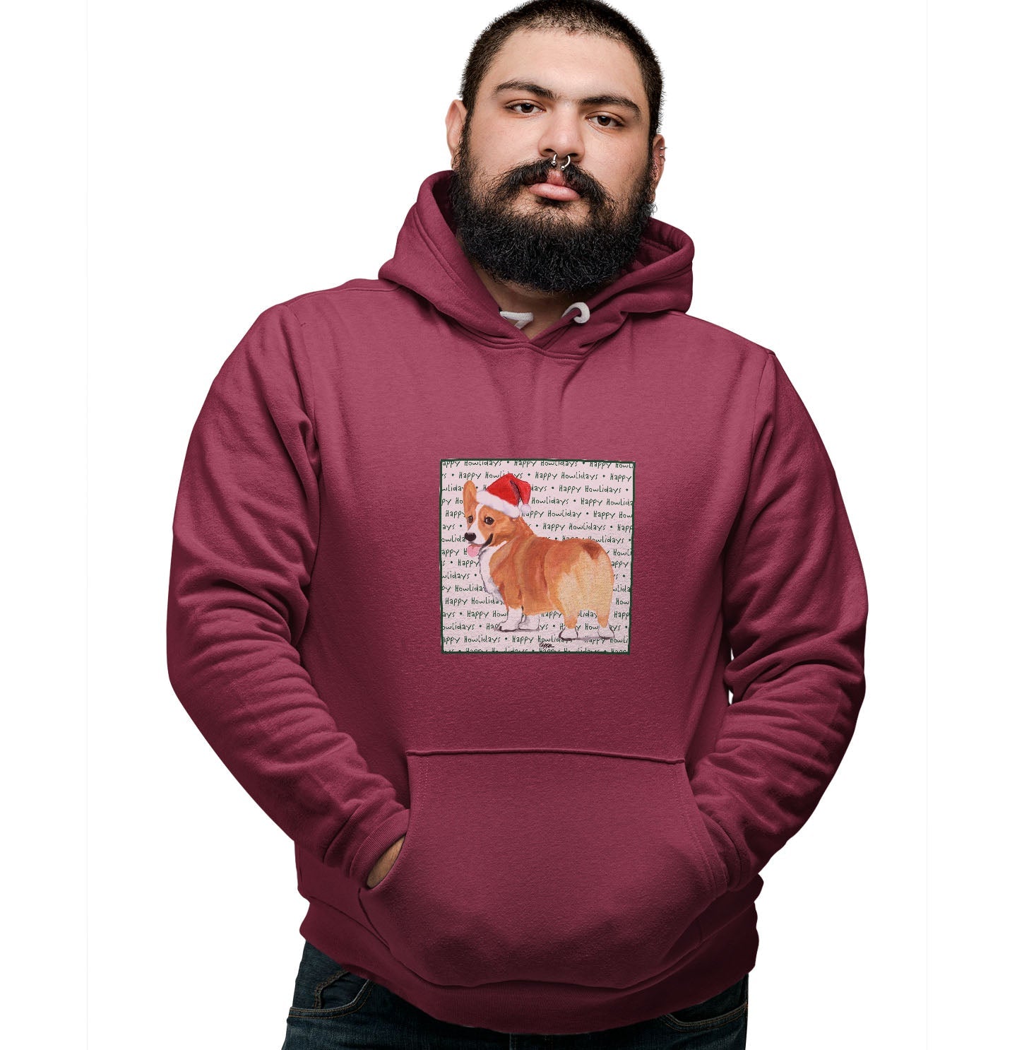 Pembroke Welsh Corgi (Red) Happy Howlidays Text - Adult Unisex Hoodie Sweatshirt