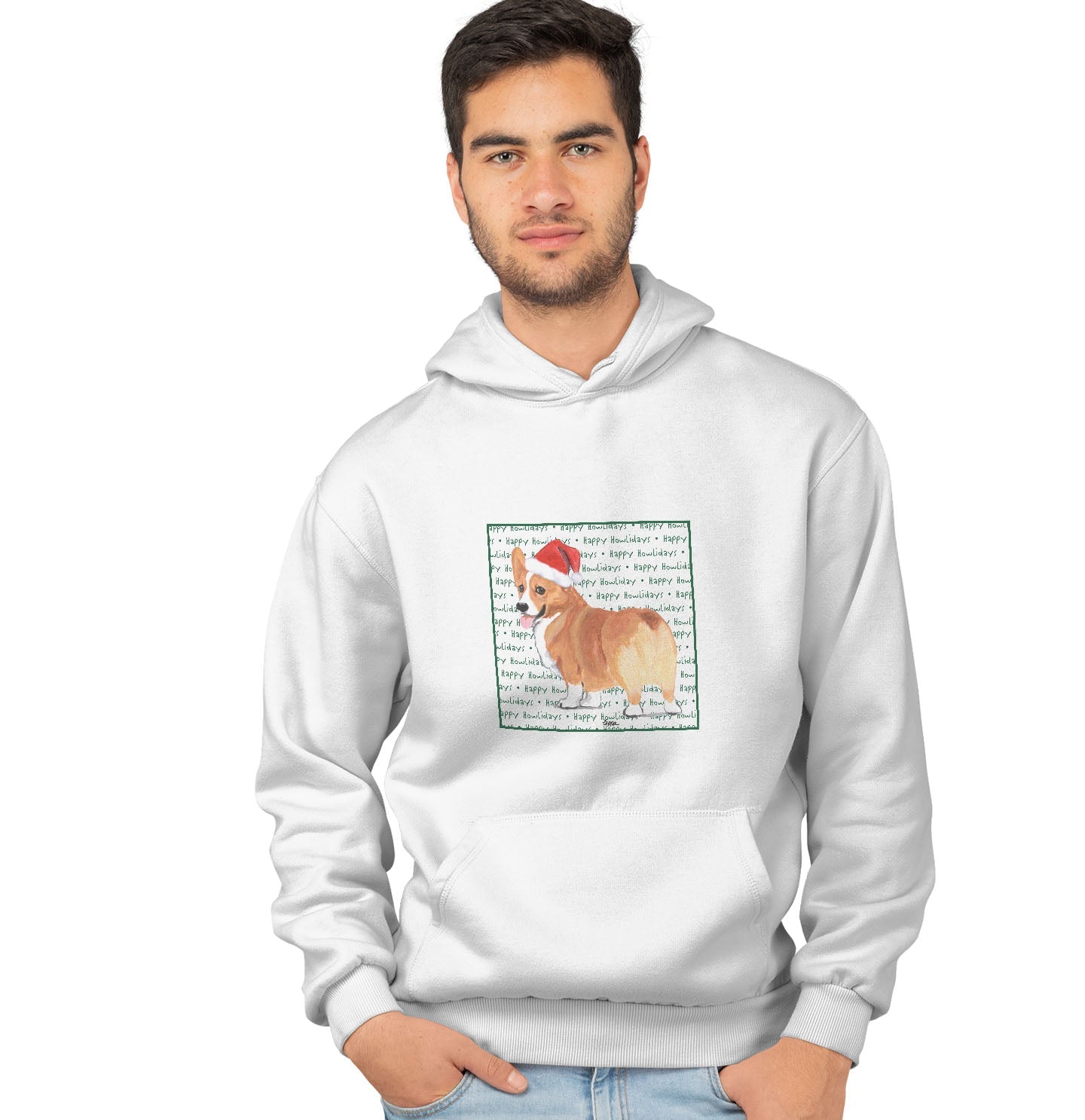 Pembroke Welsh Corgi (Red) Happy Howlidays Text - Adult Unisex Hoodie Sweatshirt
