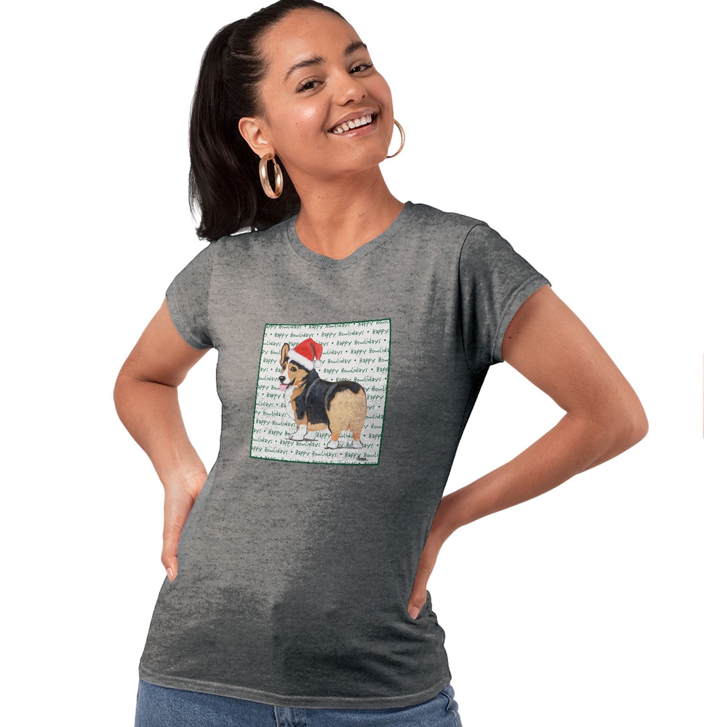 Pembroke Welsh Corgi (Tri-Color) Happy Howlidays Text - Women's Tri-Blend T-Shirt