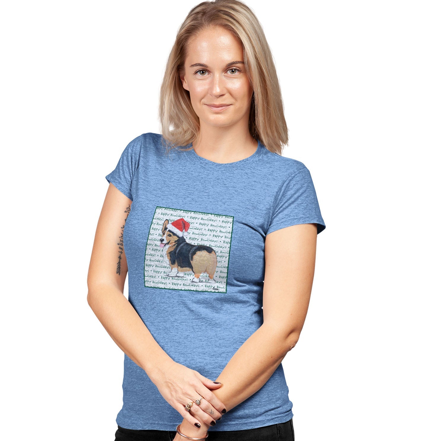 Pembroke Welsh Corgi (Tri-Color) Happy Howlidays Text - Women's Tri-Blend T-Shirt