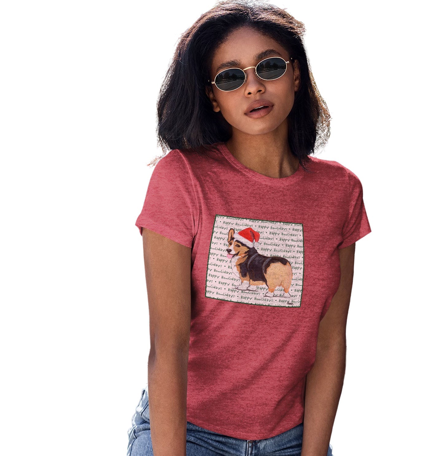 Pembroke Welsh Corgi (Tri-Color) Happy Howlidays Text - Women's Tri-Blend T-Shirt