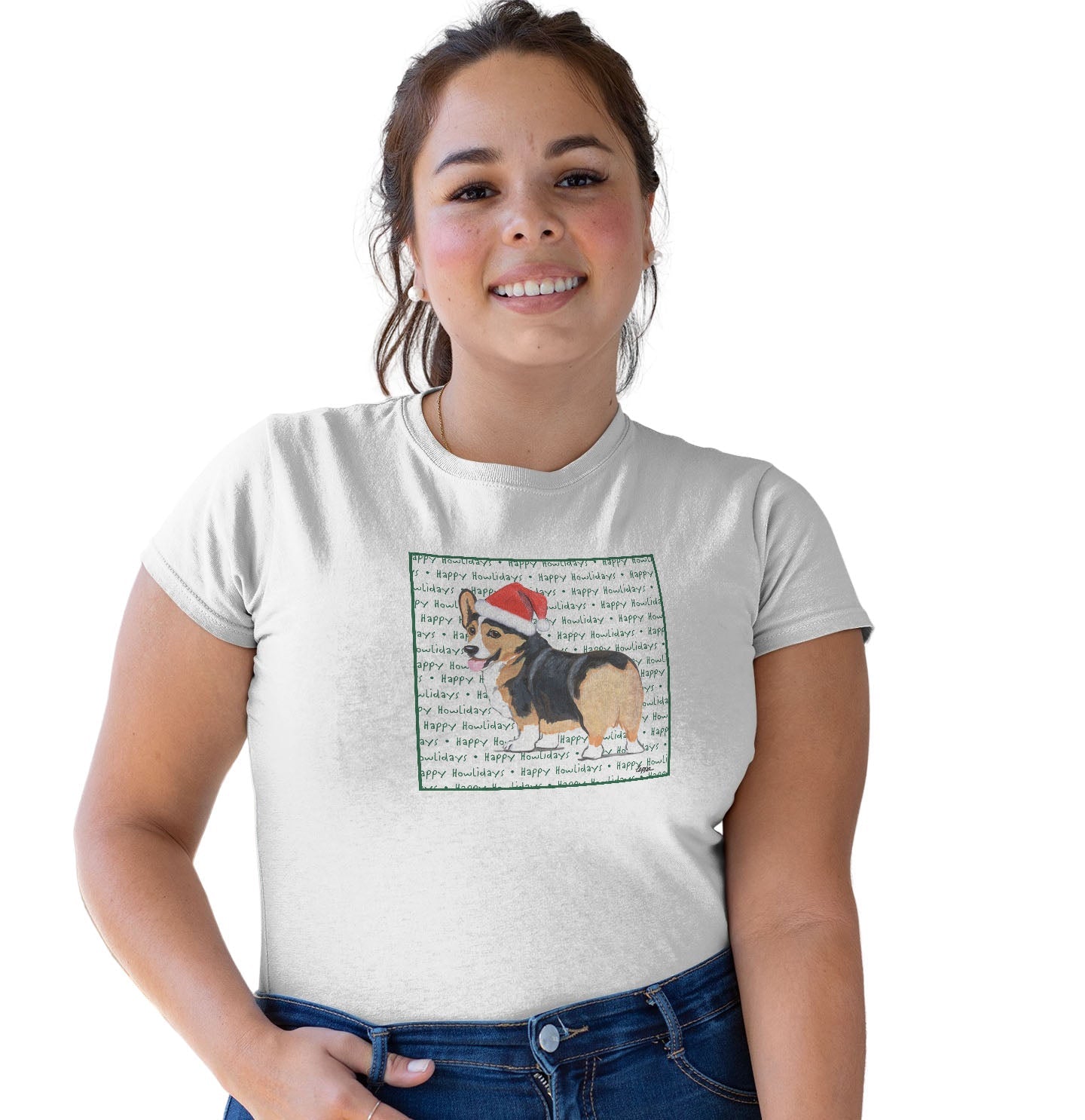 Pembroke Welsh Corgi (Tri-Color) Happy Howlidays Text - Women's Tri-Blend T-Shirt